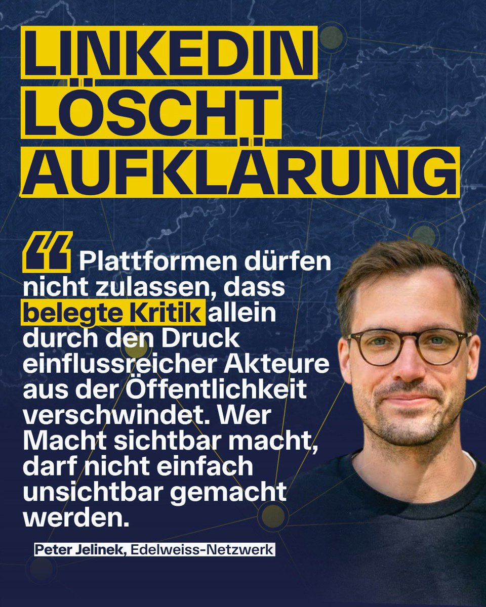42tw1tter1sd3ad's tweet photo. Damit es jeder mitbekommt: LinkedIn hat vier Beiträge vom @edelweissnet zu Frank Gotthardt, CGM und NIUS gelöscht – wegen angeblicher Verleumdung, ohne eine konkrete falsche Aussage zu nennen. Teilt das, damit die Recherche nicht aus dem Feed verschwindet.￼ https://t.co/FMxJcd3DHw