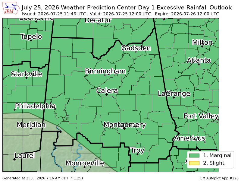 davewilson205's tweet photo. WPC issues Day 1 Marginal Risk Excessive Rainfall Outlook at Jul 25, 11:46z for BMX https://t.co/kNlVQMoZ8t https://t.co/l02ksp94vt