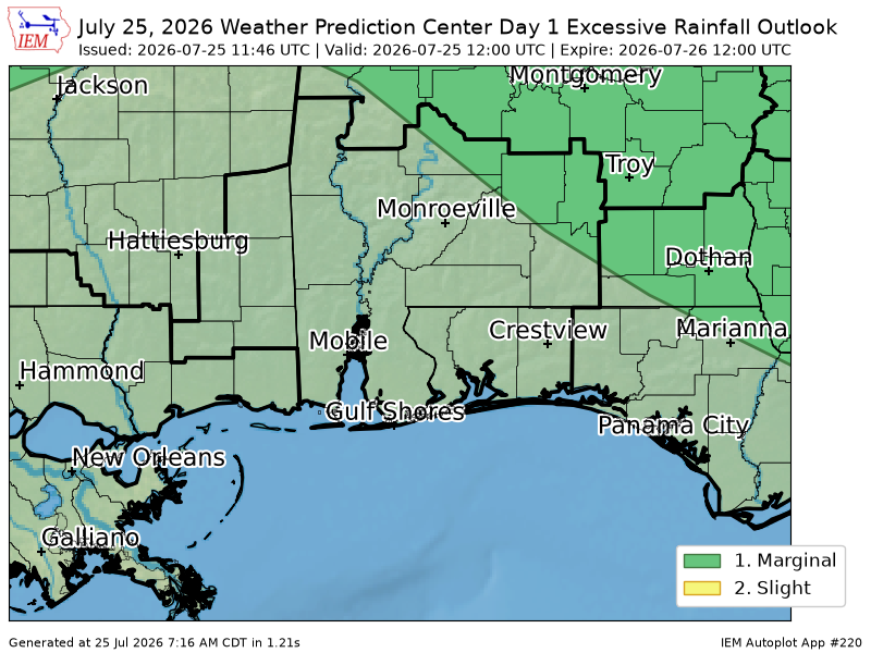 davewilson205's tweet photo. WPC issues Day 1 Marginal Risk Excessive Rainfall Outlook at Jul 25, 11:46z for MOB https://t.co/kNlVQMoZ8t https://t.co/hbi1j7SiPm
