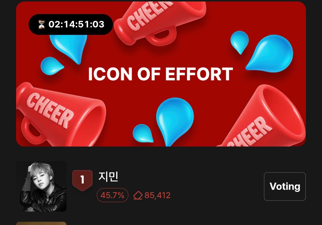 voteforpjm2's tweet photo. 🗳Bugs Favorite D_2
A hardworking artist with shining drop of sweat💦
📌https://t.co/pJTJim1qPU

Only 2 days left until the voting ends. Keep collecting Heart Votes and don't forget to use your daily free voting rights for Jimin!

100🩷  daily free votes
300🩷 for paid users
1 vote = 20🩷🧡

🏆1st winner reward
✨️1st Parnas Media Tower Main Signage, Seolleung Side (8.08 -8.21)

How to obtain 🩷
✔️Go to Heart charging station
✔️Watch Ads (3 minutes waiting time applies after watching an AD for each set (1 Ad =10 🩷)
✔️ Do missions