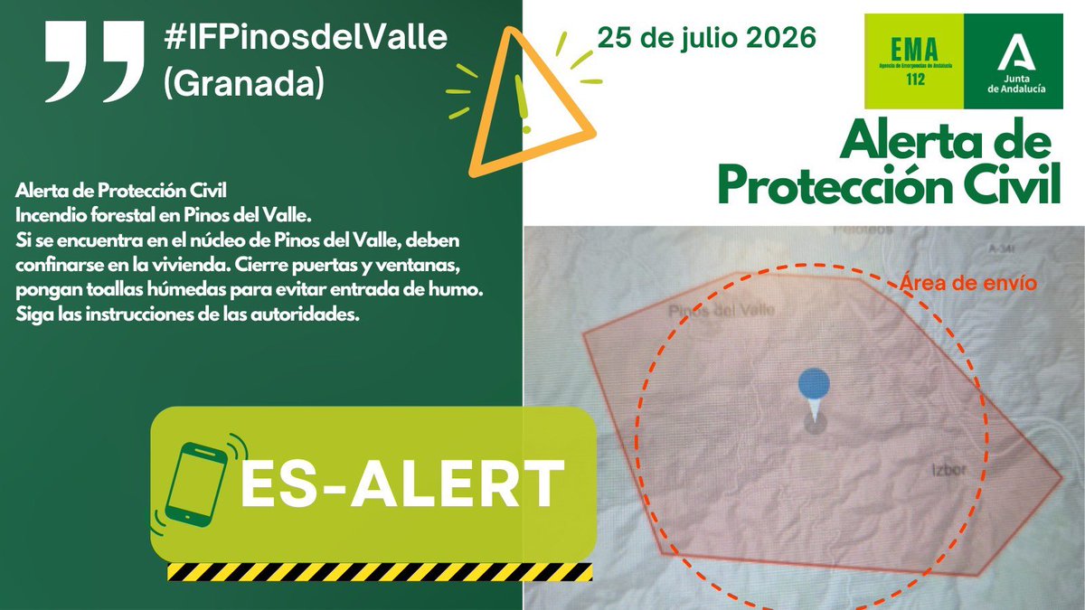 antoniosanz's tweet photo. 🔴 #ÚLTIMAHORA 📢Enviamos 'Es-Alert' ante la evolución del #IFaPinosDelValle en #Granada.

▶️Se decreta confinamiento en viviendas del núcleo Pinos del Valle.

🏠 Cierra puertas y ventanas.  

🚔 Sigue indicaciones de operativos en la zona.

#AndalucíaPreviene https://t.co/O14bgROWHK