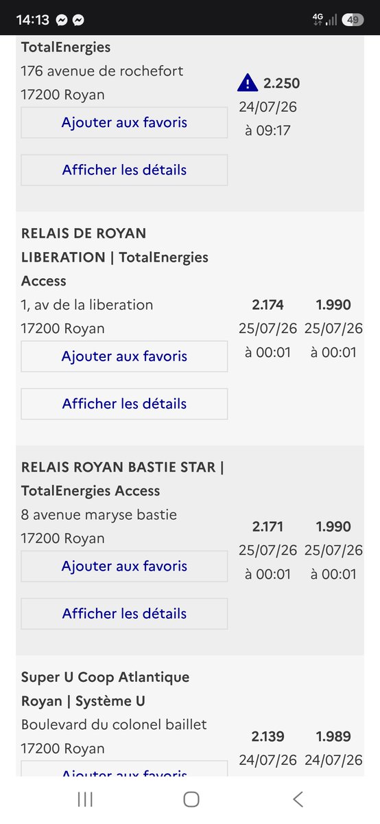 no_blagada's tweet photo. @GrayQLive_ @TotalEnergiesPR Avant hier les 2 stations Total étaient bien à 1.99 euros de 14h00 jusqu’à minuit sur #Royan  puis le prix a ensuite repris sa hausse. https://t.co/RE9SpPClrU