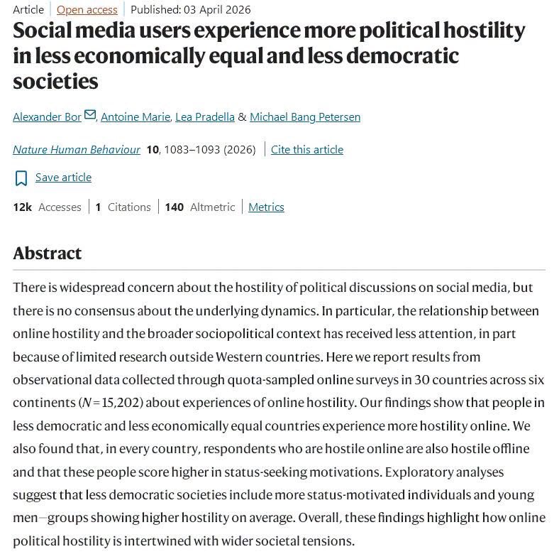 Doctor_q8's tweet photo. تخيل أنَّ وسائل التواصل الاجتماعي ليست مرآة مشوهة تحول الناس إلى وحوش بل هي كاشف أشعة سينية يفضح ما كان مخفيًا تحت الجلد!

دراسة حديثة نُشرت في مجلة Nature Human Behaviour عام 2026 قلبت الطاولة تمامًا، فحص الباحثون بيانات أكثر من 15 ألف شخص من 30 دولة مختلفة، وخرجوا بنتيجة مذهلة كالصاعقة:

الشخص الذي يصبّ السم والشتائم في النقاشات السياسية على وسائل التواصل الاجتماعي هو نفسه الشخص الذي يتصرف بعدوانية في الشارع، في العمل، أو حتى على مائدة العشاء!

الرسم البياني في الدراسة يرسم خطًا مستقيمًا تقريبًا: العدائية الرقمية والعدائية الواقعية وجهان لعملة واحدة، الإنترنت لم يخلق الوحش، بل أعطاه منصة أكبر ليظهر للعلن.

ولماذا يفعلون ذلك؟  
لأنهم يطاردون “المكانة”، العدائية سلاحهم السري لجذب الأضواء، وفرض الهيبة، والشعور بأنهم مهمون في عالم يتجاهلهم وكلما كانت المجتمعات أقل ديمقراطية وأكثر تفاوتًا اقتصاديًا، ازداد انتشار هذا السلوك كأن السمية تصبح عملة اجتماعية رائجة.

الحل؟  
لا تعطِهم الوقود، لا ترد، لا تشارك، لا تدخل في نقاش لأن كل تعليق منك هو مثل رمي الحطب في نارهم فيزيد لهيبهم انتشارًا.