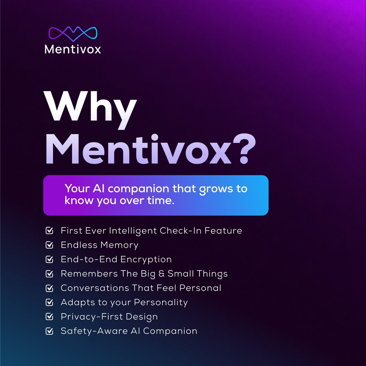 MentivoxAI's tweet photo. Introducing Mentivox. 💜✨

An app created for meaningful conversations, emotional support, and the moments when you simply need someone to talk to.

Express your thoughts, talk through your feelings, or have a conversation without judgment.

Your mind. Your voice. Your space🧠💜 https://t.co/AXahjdHdqz