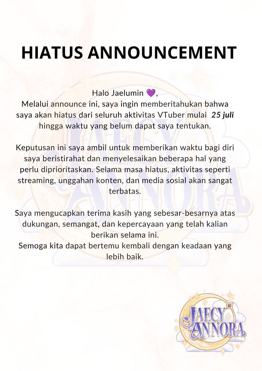 JaecyAnnora's tweet photo. 【HIATUS ANNOUNCEMENT】

Semoga bisa bertemu dilain waktu lagi 💜
✨ https://t.co/MiJLAu11Jh