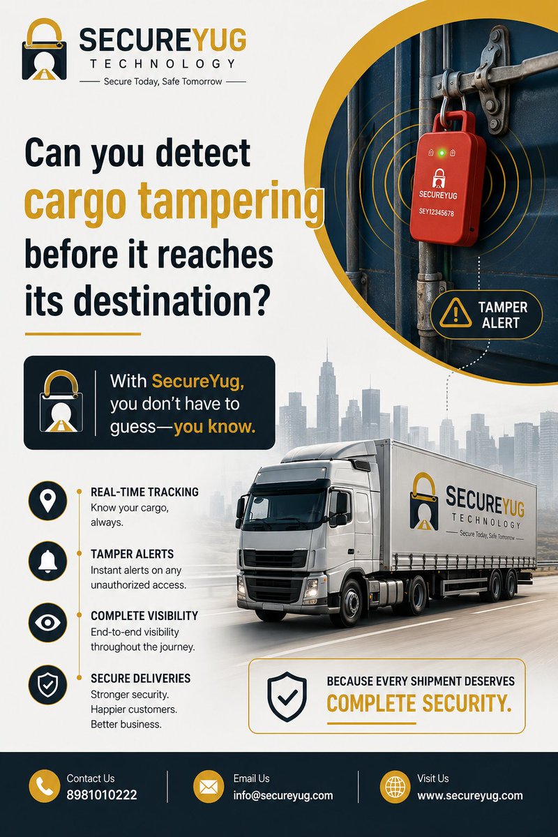 SecureYug's tweet photo. Can you detect cargo tampering before it reaches its destination? 
With SecureYug, you don't have to guess—you know.
Get real-time tamper alerts, live tracking, and complete shipment visibility to keep your cargo secure from dispatch to delivery. 
8981010222
info@secureyug.com https://t.co/nOPX4FJEGu