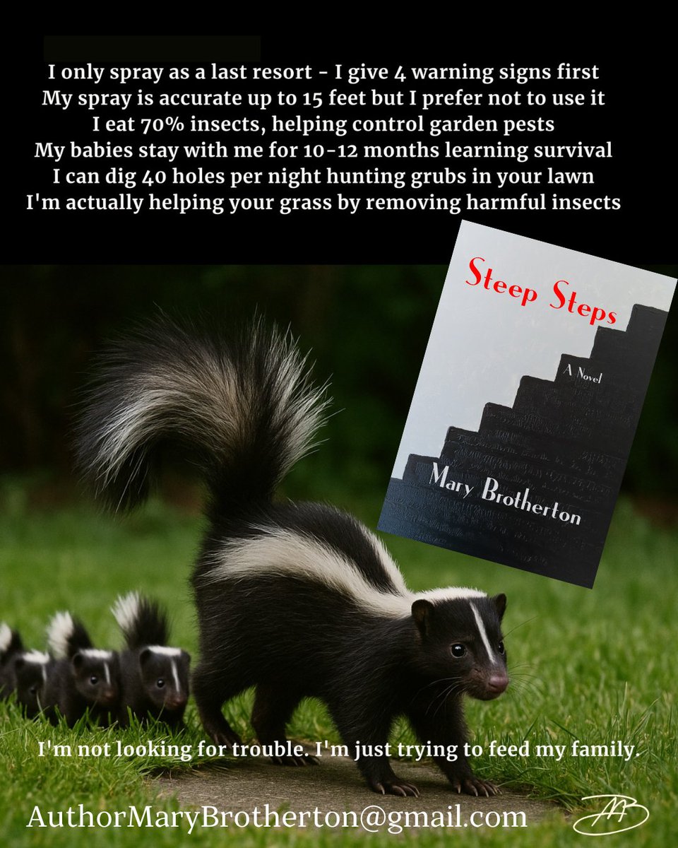 Marybrotherton's tweet photo. If you don't know the significance skunks have in Jem's recovery, you haven't read #steepsteps. It's available in all formats on Amazon and is climbing up the ranks.
Go check it out, today. https://t.co/n9FQ3HhpCV