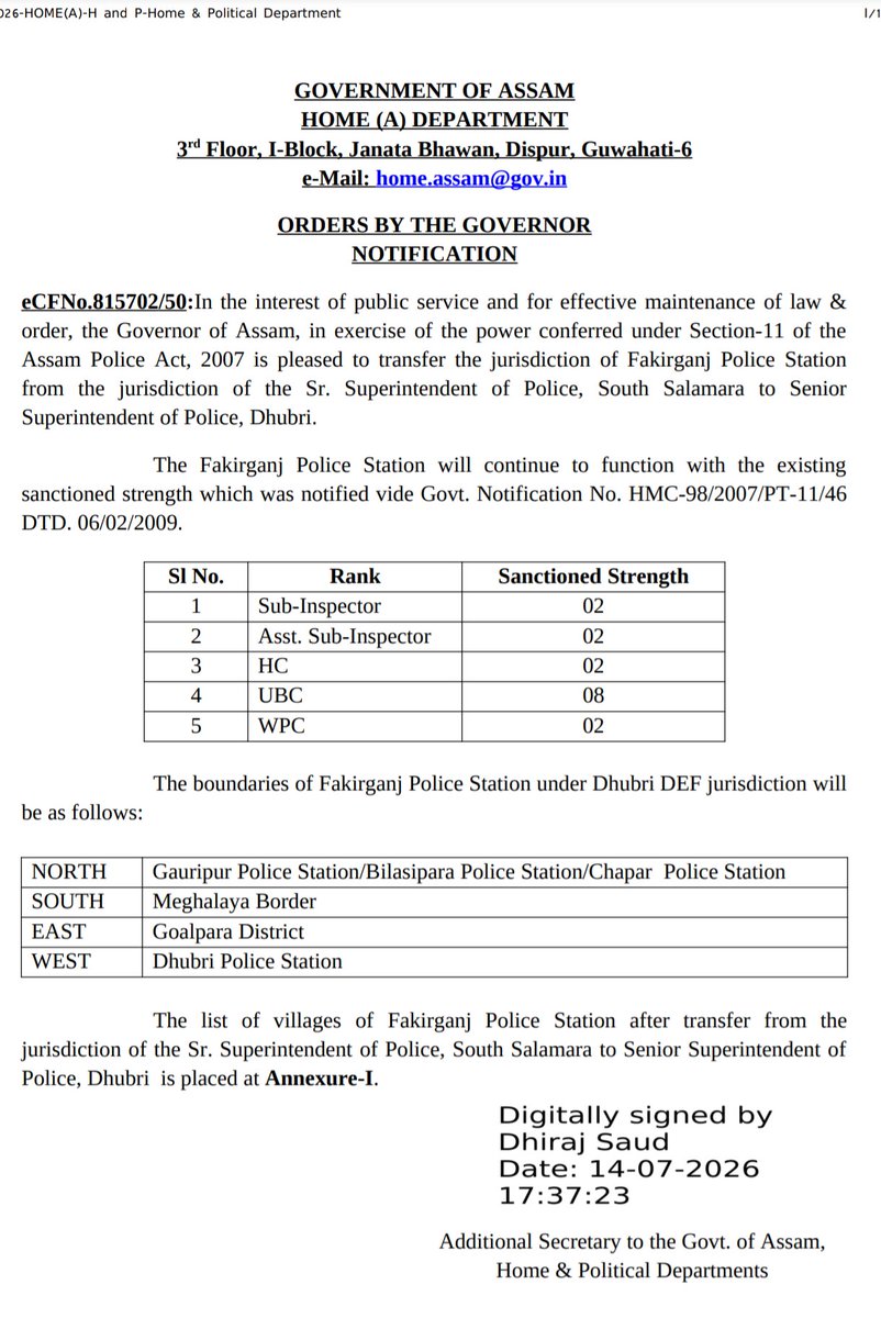 imIkramul's tweet photo. A welcome decision! 🎉
Fakirganj Police Station has now been brought under the jurisdiction of the Senior Superintendent of Police, Dhubri, instead of South Salmara.
This will greatly benefit the people of Fakirganj. #Assam #Dhubri https://t.co/XvIMOMxBw8