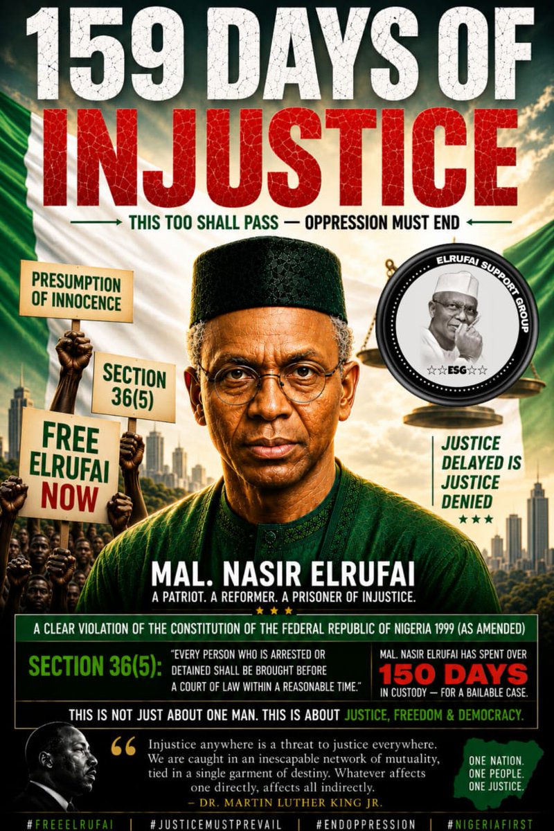 Larabs36's tweet photo. #DaysCount
159 DAYS.
159 DAYS ..
159 DAYS ...
159 DAYS ....
And Still Counting ...
#IStandWithElrufai
#NoRetreatNoSurrender
#EyesOnTheBall
#TheElrufaists
#ESG
©️ Balarabe Lawal https://t.co/atNeV9LeWs