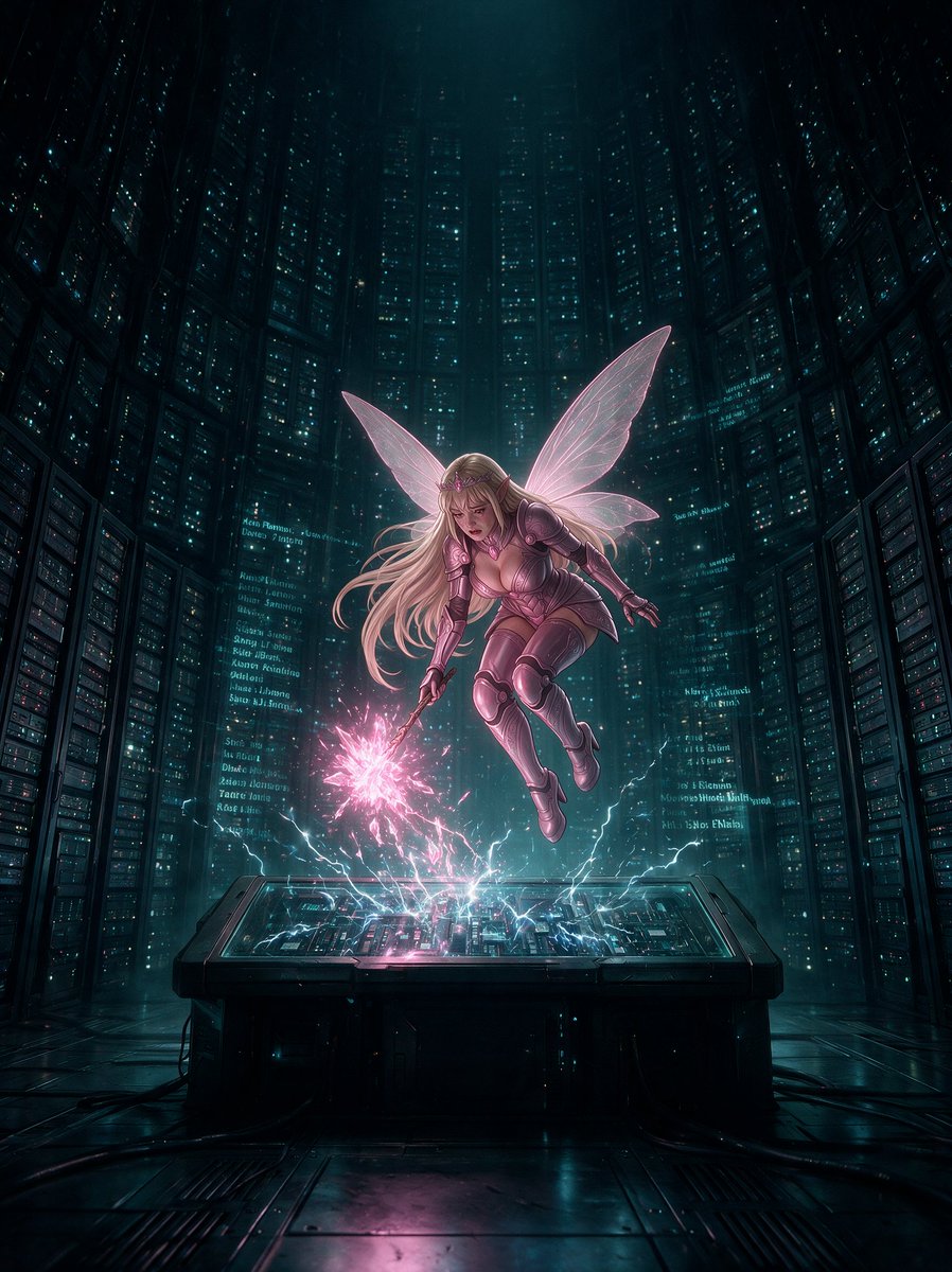 Alaryn_Heart's tweet photo. I missed my #FaeFriday post again!
Pippa continues her exploration of the dark, deserted city. She happens upon a gigantic monolithic building, its doors unlocked. She ventures inside, haunted by the sound of distant whispers all around her.
Proceeding down a long hall and winding staircase, she reaches the sub-basement, filled with data terminals and servers.
She carefully reads the center dataterm screen... an inventory, or a manifest, she thinks.
No... no, it can't be!
People! These are peoples' minds trapped in this machine! The whispers she was hearing were the poor souls trapped inside!
Pippa, overcome with grief, collapsed to the floor, her wings slumped over her shoulders in defeat. She wept. Her sobs echoed back at her in this round soul-prison.
A few minutes went by. Her grief and despair began turning to rage. Who did this? And why? What a horrible fate for all the poor people of this city! Evil!
She rose to her feet, extended her magic wand, and began summoning her magic powers to blast away at the machines in this forsaken basement. She didn't know if she could free all these souls, but even if she couldn't, it was a fate better than an eternal digital prison.