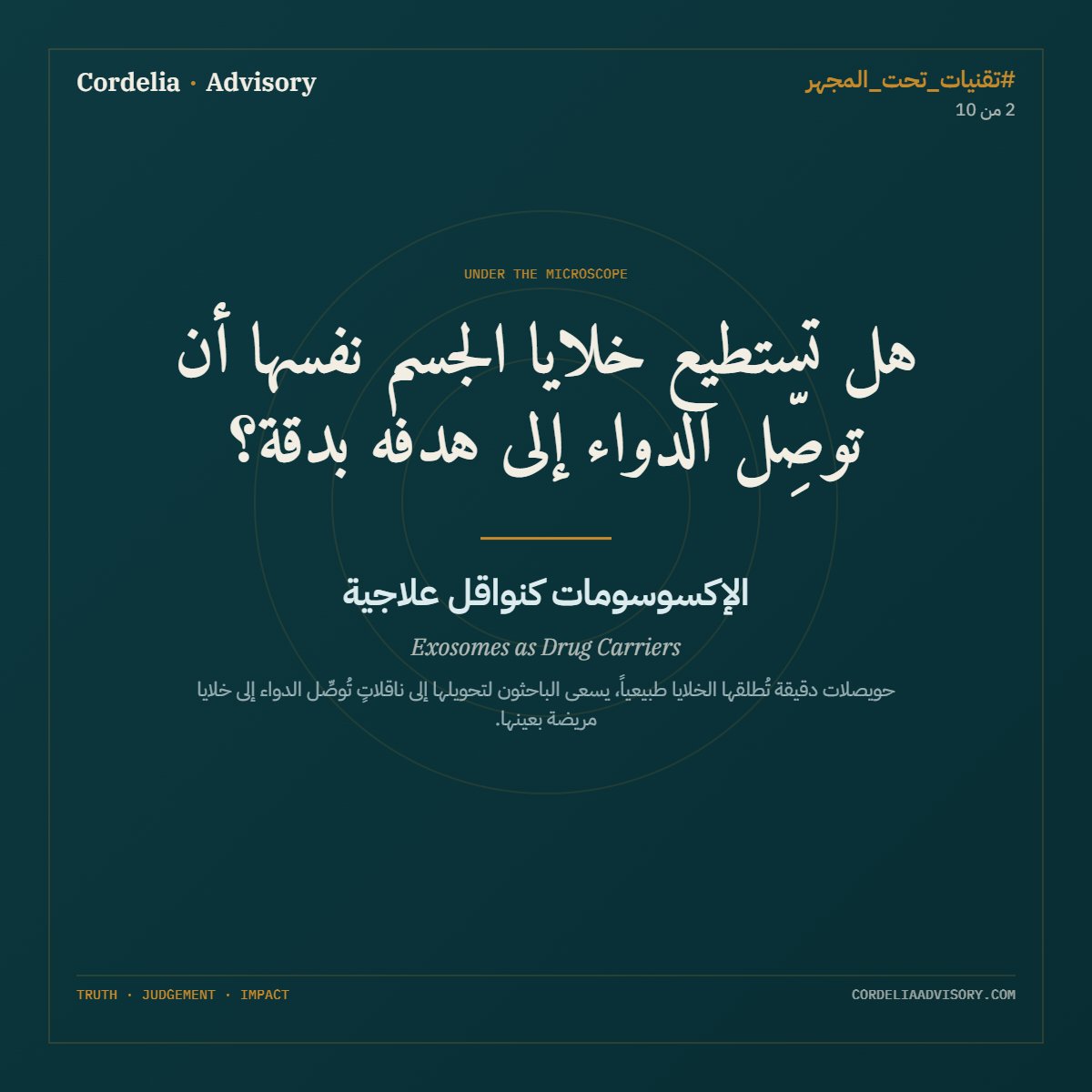 ymfarsi10's tweet photo. هل يستطيع جسم الإنسان أن يُوصل الدواء إلى الخلية المريضة بنفسه؟

في الحلقة الثانية من #تقنيات_تحت_المجهر، نقرأ تقنية «الإكسوسومات كنواقل علاجية».

كيف تعمل؟
ماذا تقول الأدلة؟
وما صلتها بسلطنة عُمان والخليج؟
ما تقدير كورديليا؟
حويصلات صغيرة تُفرزها الخلايا طبيعيًا، قد تصبح يومًا وسيلة دقيقة لإيصال الدواء إلى المكان المطلوب داخل الجسم.
لكن هذه التقنية ما زالت في مرحلة التجارب، ولم تعتمد كعلاج حتى الآن.
شاهد القصة التقنية في البطاقات الأربع.
فيديو توضيحي: https://t.co/BfiyaFj7n7

#كورديليا

https://t.co/690ZUSxdXZ