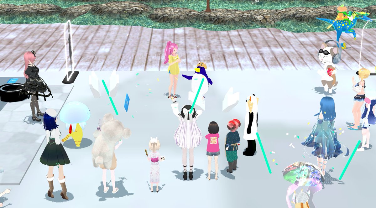 patsupyon's tweet photo. clusterバーチャルフェスティバル、みんなで廻ったぴょん！
おきゅたんのブースもあるよー

中央タワーにはウグイスボールさんのアバターでもあるドコペンが巨大に展示。
クラフトアイテムをその場で使ったりみんなでわいわい楽しかったー
８月にもまたあります！
#cluster #clusterVFes https://t.co/qSg61E3lbz