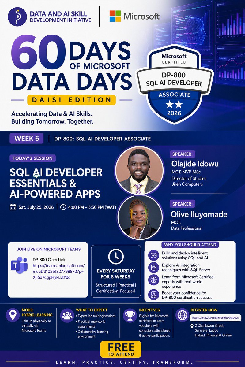 dataAIskilldev's tweet photo. Week 6 of the 60 Days of Microsoft Data Days (DAISI Edition) is here!

Join FREE, certification-focused sessions on: • PL-300: DAX &amp; Visualization II • DP-600: Fabric Analytics • DP-700: Fabric Data Engineering • DP-800: SQL AI Developer

Register: https://t.co/zKNbZHzVqk https://t.co/YaLlm8q50D