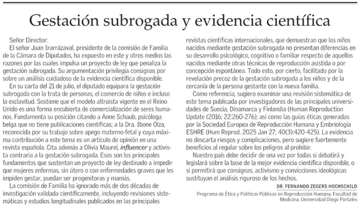 javiparada's tweet photo. Gestación subrogada y evidencia científica, excelente carta de Fernando Zegerez. Chile "debe decidir... si debatirá y legislará sobre la base de la mejor evidencia científica disponible, o si permitirá que consignas, activismo y convicciones ideológicas sustituyan el análisis..." https://t.co/8rsVLlhT2w