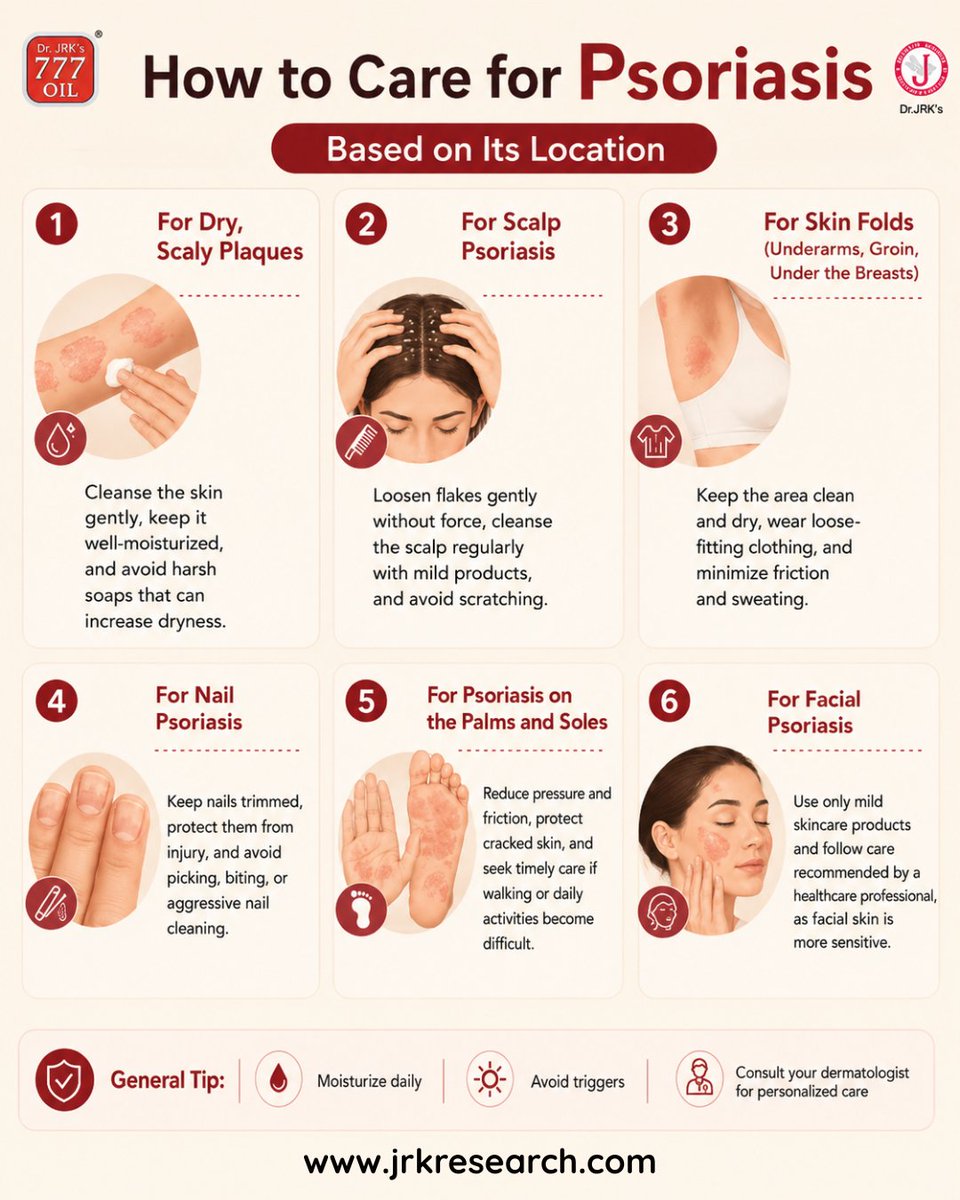 Jrkresearch1's tweet photo. 📍 Psoriasis can affect different parts of the body—and each area needs proper care.

💧 Moisturize
🧴 Cleanse gently
👕 Reduce friction
👨‍⚕️ Seek professional guidance
Learn more:
🌐 https://t.co/dT24OEQGvC

#OilForPsoriasis #PsoriasisTreatment #PsoriasisCare #SkinHealth https://t.co/Hqn1674uFl