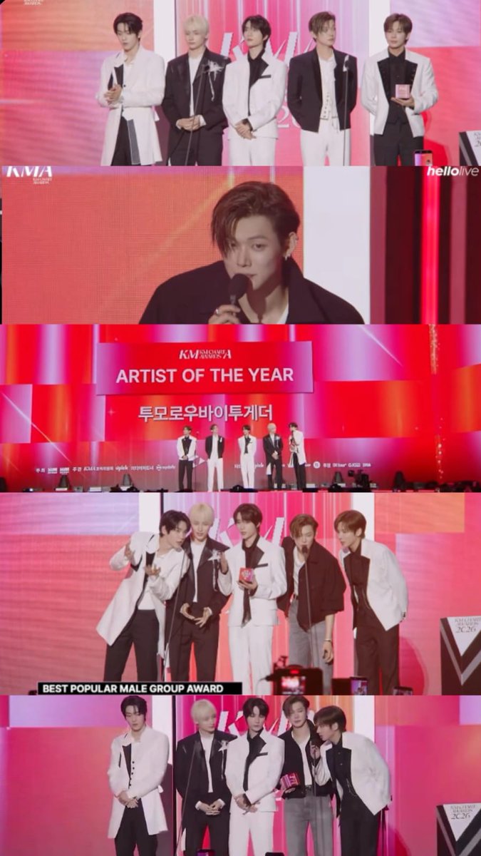 TXTintl_twt's tweet photo. Let's all congratulate #TXT again for winning the following awards on the 2026 KM CHART AWARDS:

🏅 Artist of the Year — #TOMORROW_X_TOGETHER DAESANG 🏆
🏅 Ultimate 12 Award — #TOMORROW_X_TOGETHER
🏅 Best Popular Solo Male Award — #YEONJUN
🏅 Best Popular Male Group Award — #TOMORROW_X_TOGETHER
🏅 Best Popular Song Award — 하루에 하루만 더 (Stick With You)

We are so proud of you @TXT_members! 🥳🎉

STILL TOGETHER STILL SHINING
#TXTKingsOfKMA2026 
YEONJUN COOLIN OFF AT KMA
#BestMaleSoloYeonjun