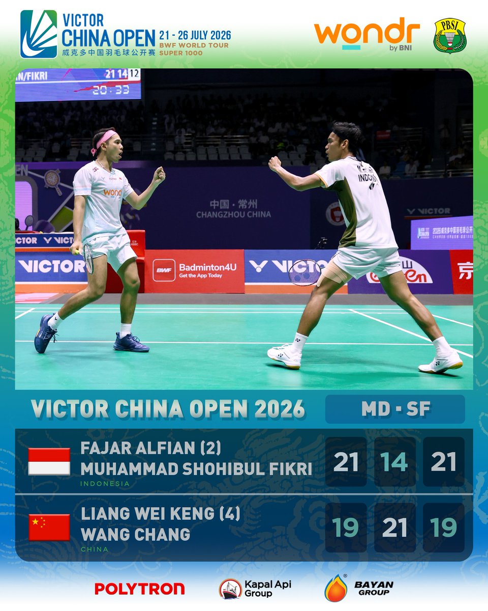 INABadminton's tweet photo. Taklukkan wakil tuan rumah, Fajar/Fikri kembali ke final China Open.

MEMBARAAAA 🔥❤️‍🔥

#BadmintonIndonesia #ChinaOpen2026 https://t.co/aPwDcvktmD