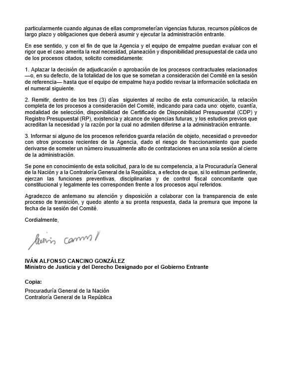 BluRadioCo's tweet photo. Por medio de una carta, el ministro de Justicia designado, Iván Cancino, solicitó aplazar la decisión sobre 48 contratos de la Agencia Nacional de Defensa Jurídica del Estado que se iban a firmar a última hora y cuyo valor conjunto supera los 6.400 millones de pesos, con el fin de que el equipo de empalme pueda revisarlos antes del cambio de Gobierno. #VocesySonidos