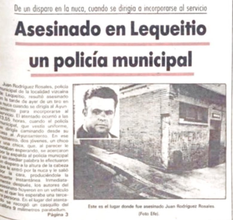 vctorst2's tweet photo. Un día como hoy de 1984 #ETA asesinó en #Lequeitio (#Vizcaya) al policía municipal, @Lekeitio_Udala, JUAN RODRÍGUEZ ROSALES. 

Se dirigía a pie a su trabajo. Vestía de uniforme pero iba desarmado. 

Una etarra se le acercó por detrás y le disparó un solo tiro.

#MEMORIA https://t.co/Pu5yemxcaW