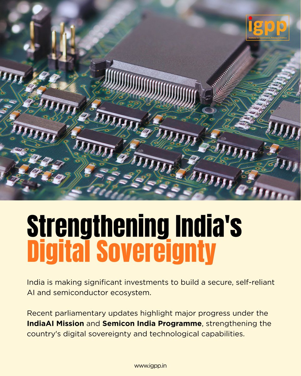 IGPPVMF's tweet photo. 🚀 Strengthening India’s Digital Sovereignty & High-Performance AI Compute Infrastructure

At the Institute for Governance, Policies & Politics (@IGPPVMF), we continuously track critical policy developments shaping India’s digital and technological future.

In a recent update presented in the Rajya Sabha, the Government of India outlined significant strides toward achieving strategic autonomy, self-reliance, and digital sovereignty in high-performance computing and semiconductor ecosystem capabilities:

🔑 Key Highlights from the Parliamentary Update:

• Democratising AI Compute Access:
· Under the IndiaAI Compute Pillar, 15 Compute Service Providers (CSPs) have been empaneled, securing over 93.18 lakh GPU hours for 237 end-users.
· Through demand aggregation and a 40% subsidy, GPU access is now offered at rates below USD 1 per hour via the unified IndiaAI Compute Portal.

• Bolstering Sovereign Infrastructure:
· To reinforce strategic autonomy and secure computing, a High-Performance AI Compute System of ~1.1 EFLOPS is being deployed at the NIC Data Centre in Delhi.

Scaling Up Semicon India 1.0 & 2.0:

· Semicon 1.0 Success: 12 manufacturing projects approved across 6 states with total investment commitments of ₹1.64 lakh crore. Commercial production has already commenced at three major facilities (Micron, KaynesSemicon, and CG Semi).

· Semicon 2.0: Union Cabinet approved with an outlay of ₹1.275 lakh crore, targeting six core pillars: Chip Design, Equipment & Materials, Fabs, Advanced Packaging (ATMP/OSAT), R&D, and Talent Development.

💡 Want a deeper dive into India's AI Infrastructure and Sovereign Capabilities?

We did an explainer episode on #UnwiringTech examining the IndiaAI Mission, covering GPU expansion, sovereign AI models, datasets, and the long-term sustainability of compute infrastructure.

▶️ Watch our full explainer video here: https://t.co/EKu2g4ZKJQ

@ManishTiwari | @ranjana_kush | @AnkurTi76797199 | @vikas_IGPP

#DigitalSovereignty #IndiaAIMission #SemiconIndia #AIInfrastructure #PublicPolicy #IGPP #TechPolicy #DeepTech #ArtificialIntelligence