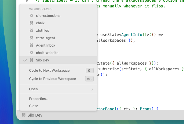 silo_code's tweet photo. The Workspace panel offers plenty of information about what you're working on, but sometimes it can be a distraction. The Workspace status bar button is a good replacement. Also use cmd+` to cycle workspaces. https://t.co/lEIU22xQ2E
