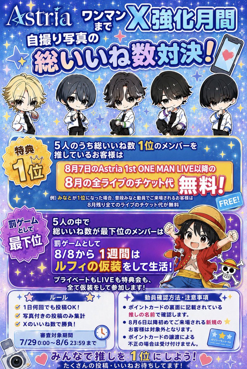 Astria_info's tweet photo. 【#あすとりあからのおしらせ📡】 

Astria ワンマンまでX強化月間 開催決定❕

【企画内容】

自撮り写真 総いいね数対決！

8月7日の Astria 1st ONE MAN LIVE に向けて、メンバー5人がXで総いいね数を競います！

🏆 1位メンバーを推しているお客様への特典
🎁 8月7日以降、8月中のAstria全ライブのチケット代が無料！

例）1位みなと
普段みなと動員でご来場いただいているお客様は、8月中のAstriaライブのチケット代が無料になります！

⚠️ 最下位メンバーには罰ゲーム！
8月8日から1週間、
ルフィの仮装をして生活！🏴‍☠️
プライベートもLIVEも特典会も、すべて仮装で参加します😂

📅 対象期間
🗓️ 7/29 0:00 ～ 8/6 23:59

📌 ルール
・1日何回でも投稿OK！
・写真付き投稿のみ集計
・Xの「いいね」数で勝負！

お楽しみに！

#Astria