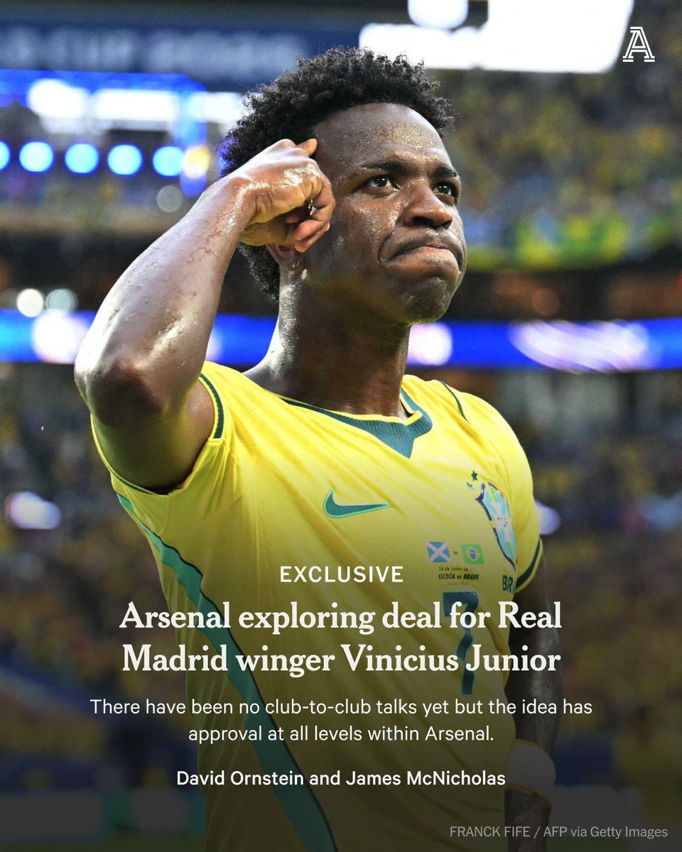 TheAthleticFC's tweet photo. Arsenal are exploring a move to sign Real Madrid winger Vinicius Junior if he does not extend his contract in the Spanish capital.

The Brazil international, 26, figures prominently among multiple candidates for the Premier League champions to bolster their attack.

That said, the interest is at any early stage and there is no guarantee it materialises into a deal.

Full story from @David_Ornstein and @gunnerblog here ⬇️

🔗 https://t.co/MxDP4frF8W
