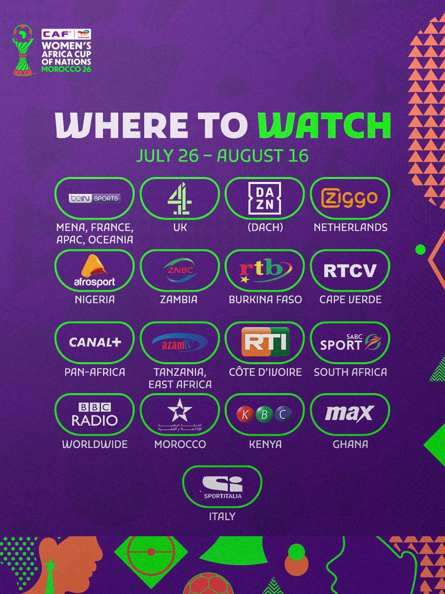 Iamamanoa's tweet photo. 🚨 The 2026 TotalEnergies CAF Women’s Africa Cup of Nations (WAFCON) will be broadcast globally, with several leading international and African broadcasters securing rights to show the tournament, which starts in Morocco on Sunday, July 26.

#WAFCON26 https://t.co/rj1O56zbhV