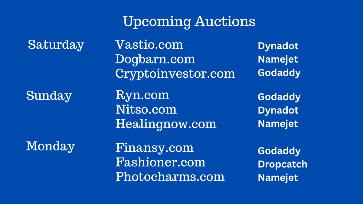 CrosshairDan's tweet photo. Expired Domain Name Auctions at Dropcatch, Dynadot, Godaddy, and Namejet Saturday - Monday! Check for Trademarks. #Startups #Domains #SaturdayVibes #Theweekend https://t.co/dAyd4BKrF3