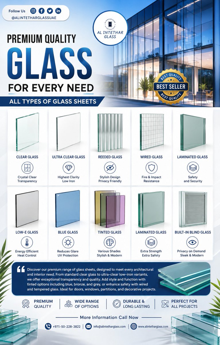 Alintharglass's tweet photo. Premium Quality Glass for Every Need!
Al Intethar Glass offers a wide range of glass sheets for architectural, interior, commercial &amp; residential applications — from Clear &amp; Ultra Clear to Reeded, Laminated, Low-E, Tinted &amp; more.
📞 +971 50 228 3822
🌐 https://t.co/p0FLeL2Ngj https://t.co/0dmLnptbms