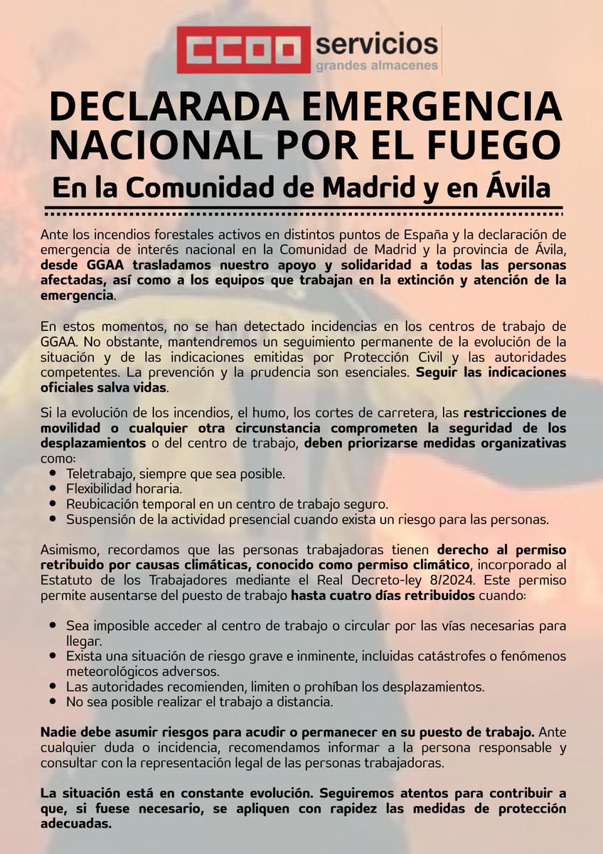 CCOOCarrefour's tweet photo. 🚨 DECLARADA EMERGENCIA NACIONAL POR EL FUEGO en la Comunidad de Madrid y Ávila.

Trasladamos todo nuestro apoyo a las personas afectadas y a los equipos de extinción. La prevención y la seguridad son prioritarias en estos momentos. 🧵👇 https://t.co/Lh0VAVCPSP