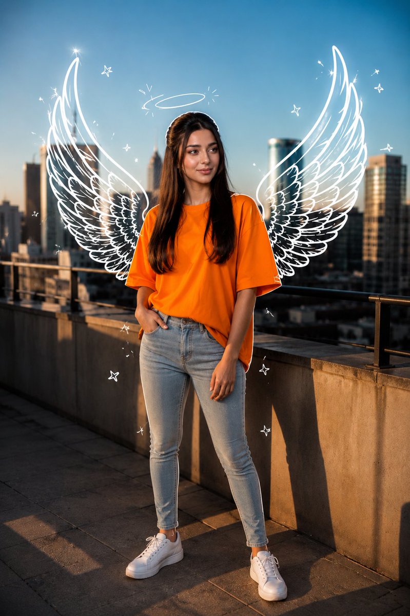 Golden Hour Rooftop Portrait with Angel Wings