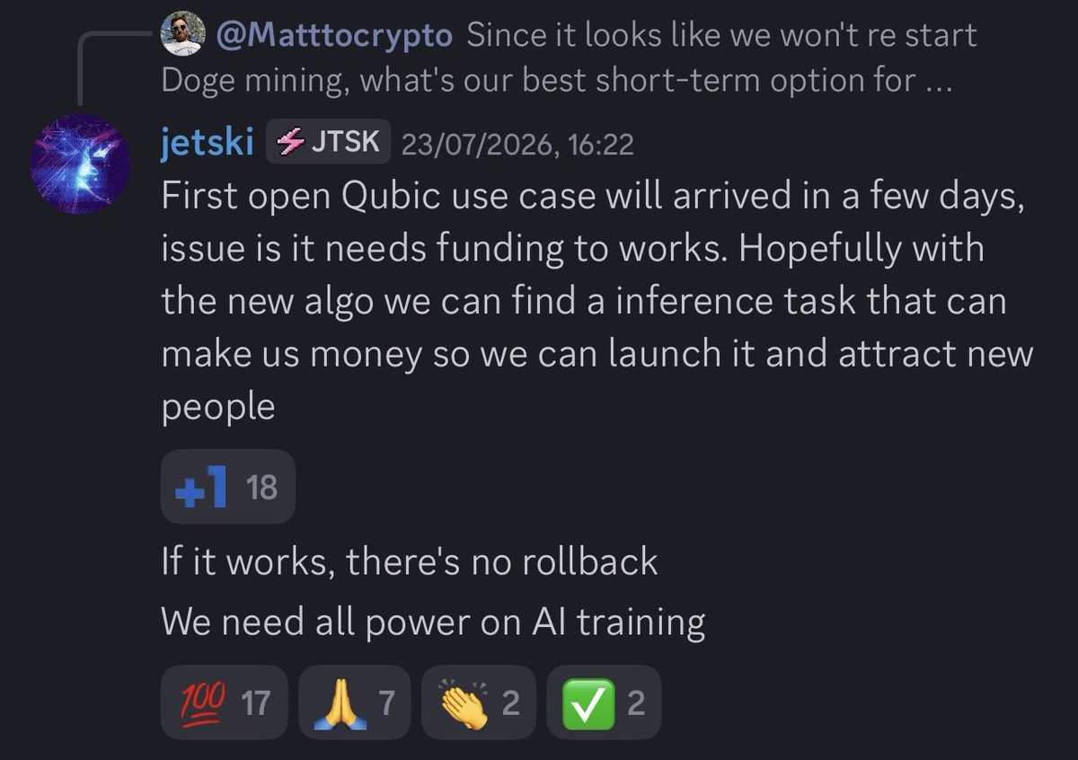 italiaQubic's tweet photo. $QUBIC is nearing its first real-world AI use case. With the upcoming bpp9000 algorithm, network compute could shift from mining to AI training and inference, creating real utility and new revenue streams while advancing Qubic as decentralized AI infrastructure https://t.co/oqalvn5ngf