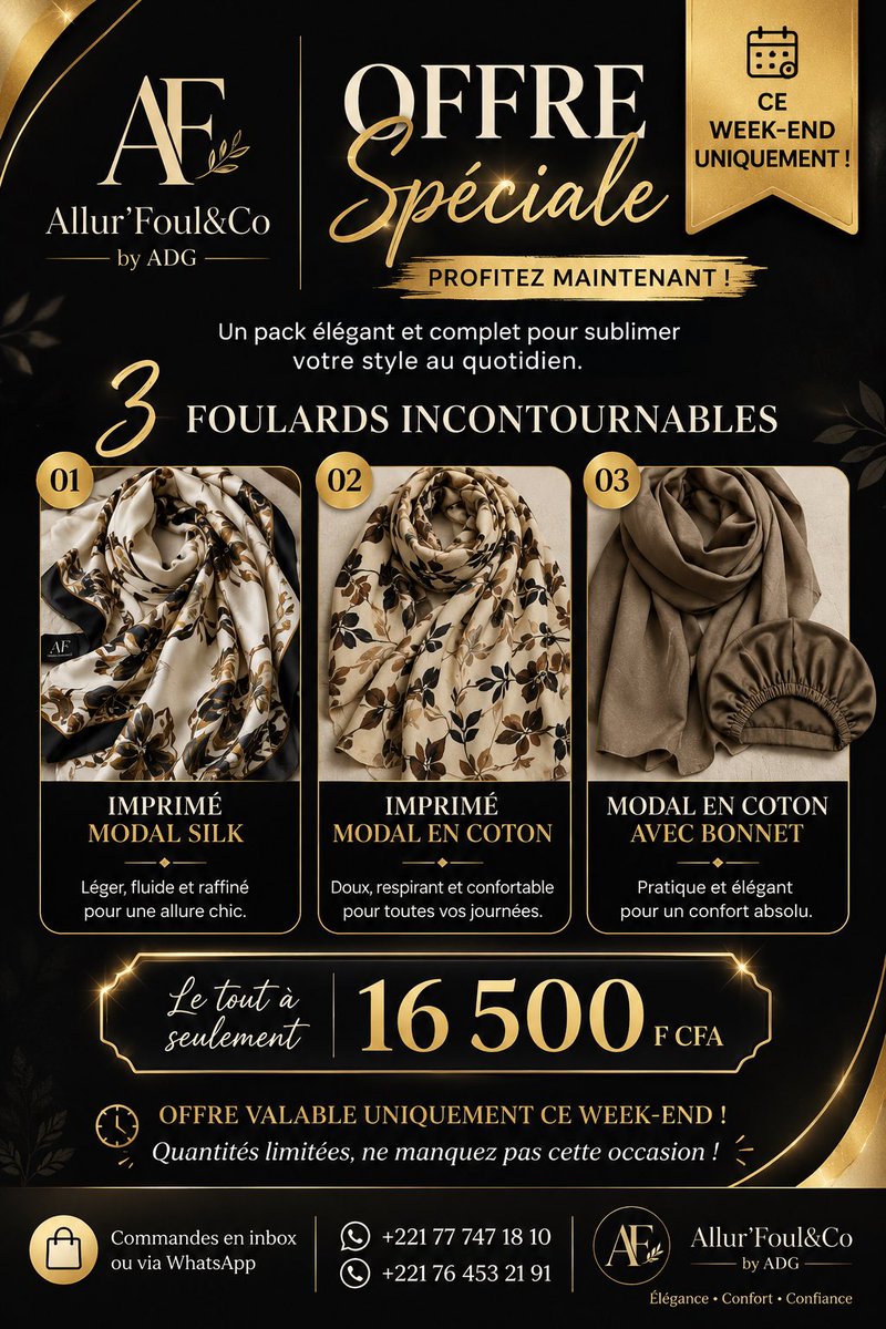 AidaGy21's tweet photo. Offre valable uniquement ce week-end 🚨🚨🚨

3 foulards 16500frs https://t.co/Nw6c3QuQRG