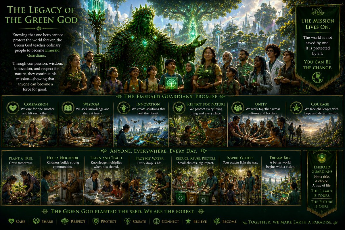 GreenGod_gg's tweet photo. The Legacy of the GG
Knowing that one hero can't protect the world forever, the Green God teaches ordinary people to become Emerald Guardians. Through compassion, wisdom, innovation, &amp; respect for nature, they continue his mission showing that anyone can become a force for good. https://t.co/hkoGUzkfXk