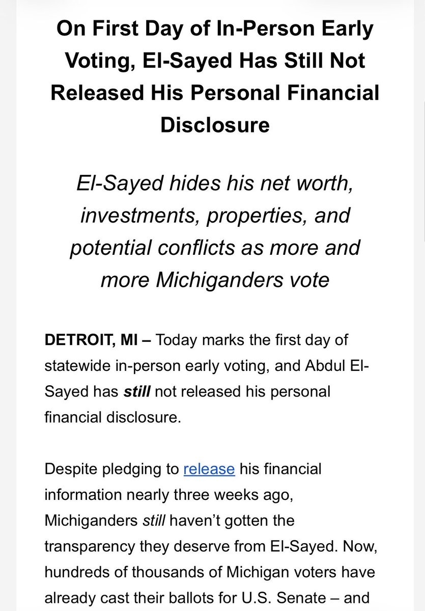 samueljrob's tweet photo. U.S. Rep. Haley Stevens’ campaign: “El-Sayed hides his net worth, investments, properties and potential conflicts as more and more Michiganders vote.” https://t.co/XG6E19AZXk