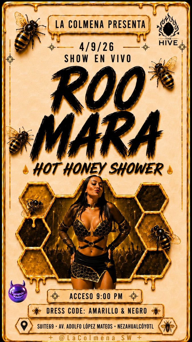 LaColmena_SW's tweet photo. 🍯🐝 La miel está lista para derramarse...

Este 4/9/26 vive el Hot Honey Shower con @roomara245 en una noche llena de música, conexión y mucha energía. 🔥

🕘 9:00 PM

📍 @suite69swneza

📩 Reserva por DM

#LaColmenaSW #HotHoneyShower #RooMara #TheHive #SwingerMexico 🍯 https://t.co/d6VAYuDGwz