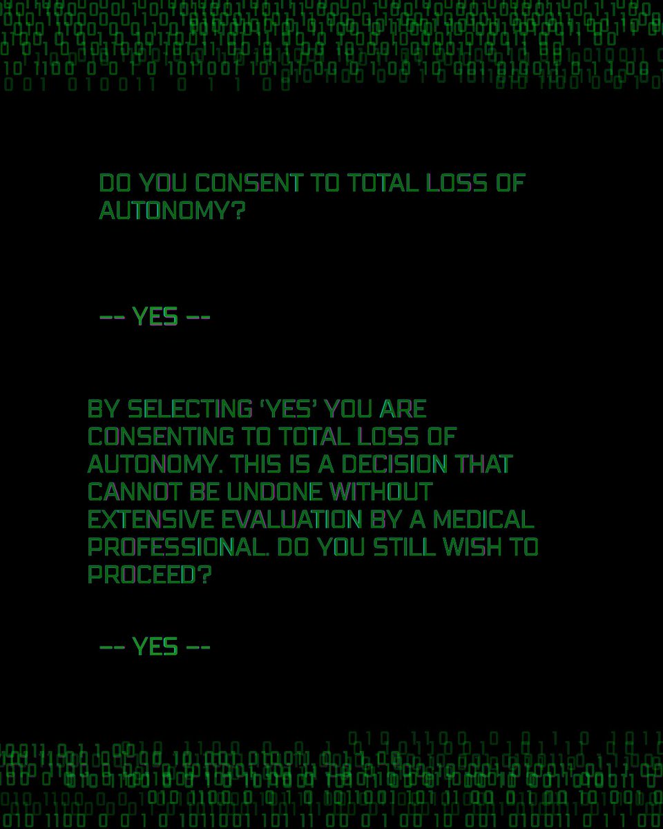 hopekoobii's tweet photo. Jungkook stares at the screen, squinting as the green light burns his tired eyes in the darkened room. He hesitates before selecting ‘Yes’ once more.

— You have selected Total Loss of Autonomy. You will now be under the care of Eronian [1802JH(ER-1)].— https://t.co/aCHJCxhT9b