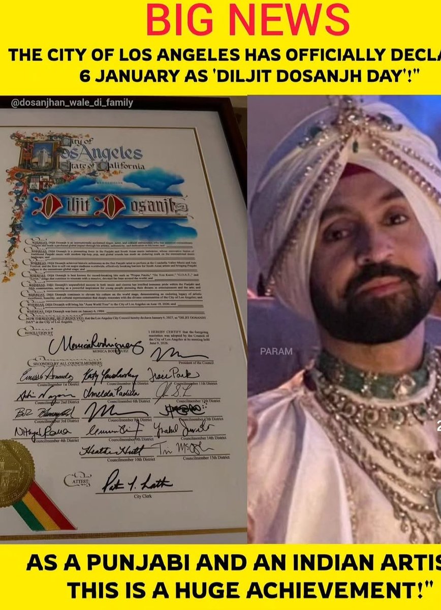 dhindsakalan786's tweet photo. 🏆 Diljit Dosanjh has been honored with "Diljit Dosanjh Day" by the Los Angeles City Council, marking another international milestone for the Punjabi superstar.#DiljitDosanjh #Diljit #DosanjhanWala #PunjabiMusic #Pollywood #Punjabi #PunjabiSinger #AuraWorldTour #Panjab95 #Born https://t.co/IgpassL3hK
