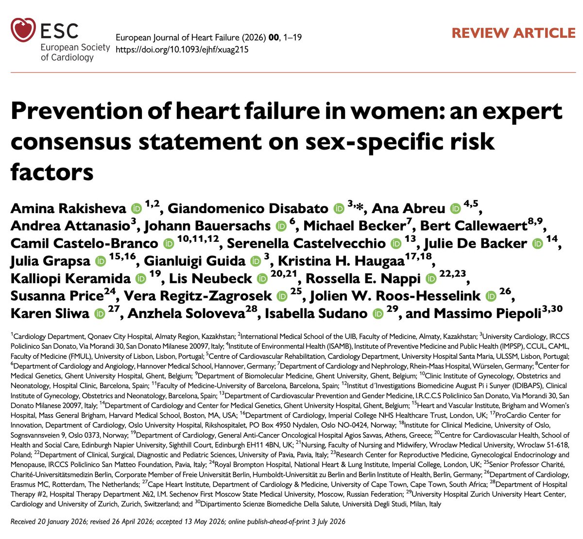 HFA_President's tweet photo. How can we better prevent #HeartFailure in women?

🫀A new #EJHF expert consensus statement maps the sex-specific risk factors that should be considered throughout a woman's life, & what to do: 
📍Pregnancy: hypertensive disorders & PPCM are associated with future HF ➡️ Pregnancy Heart Team, pre-conception counselling, pregnancy&lactation-safe OMT 📍PCOS & endometriosis: chronic inflammation & pro-atherogenic profile ➡️ Visceral adiposity & metabolic control, OSAS screening, less chronic NSAID use 📍Menopausal transition: falling estradiol, rising inflammation, endothelial dysfunction ➡️ Risk factor control, DASH diet, aerobic activity 📍Cancer therapy-related cardiac dysfunction: validated risk scores (HFA-ICOS), GLS & biomarker surveillance, exercise-based cardio-oncology rehab, heart-sparing radiotherapy

Read more @EJHFEiC @ESC_Journals 🔗 :
https://t.co/CGcwE50hsV

@ARakisheva @m_piepoli @JBauersachsMD @JGrapsa @lisneubeck

#WomensHeartHealth #CardioObstetrics #CardioOncology #Prevention #HF