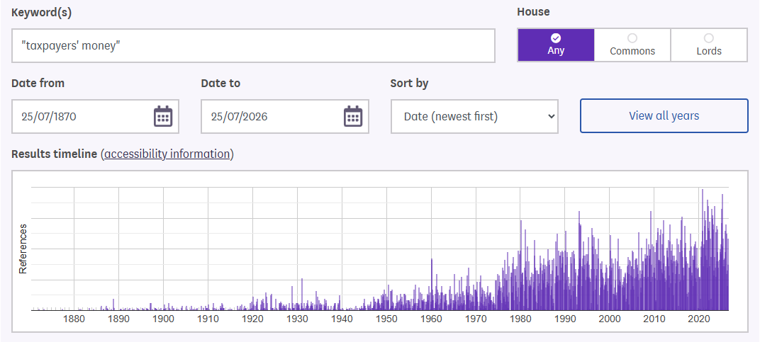 widespreadhaze's tweet photo. Hansard records the first use in Parliament of the term “taxpayers’ money” by Sir Stafford Northcote, Chancellor of the Exchequer, on 5 June 1877. However, it seems to become particularly normalised from the mid-1970s onwards. @GrkStav https://t.co/9ZWzRTJAaq
