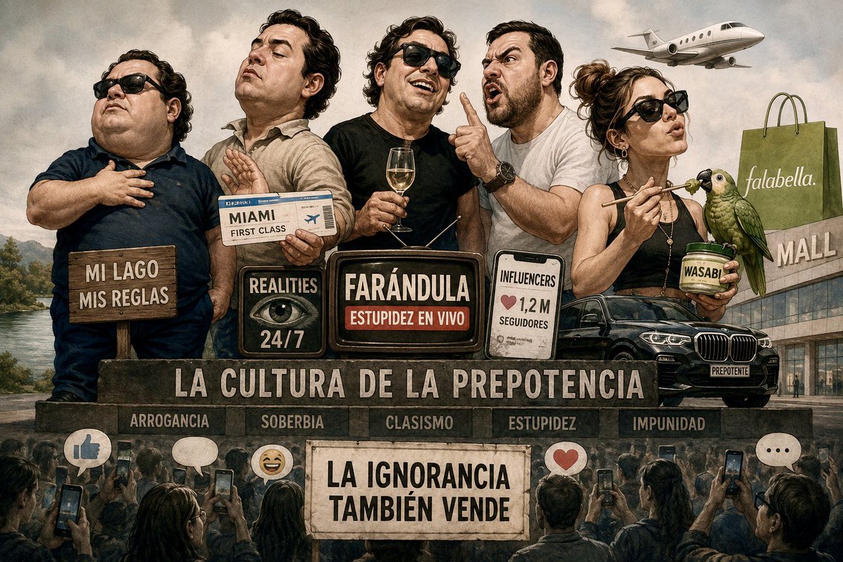 Eneatipo7's tweet photo. ESTUPIDEZ, ARROGANCIA  Y  BANALIDAD

«LA NUEVA ARISTOCRACIA»

Cuando el dinero reemplaza al mérito, la soberbia termina creyéndose inteligencia.

Hay una sentencia atribuida a Baltasar Gracián que resiste los siglos: «La necedad siempre encuentra admiradores».

Si le menciono a Matías Pérez Cruz quizá no recuerde de quién hablo. Pero si le digo el Guatón Gasco, aparecerá aquel personaje que, con la manito en el pecho y suficiencia nobiliaria, expulsaba personas de un lago como si hubiese heredado el planeta junto con la propiedad.

Después apareció Martín de los Santos, quien tras golpear a un conserje de la tercera edad huyó a Brasil y desafió a la justicia con la prepotencia de quien supone que la ley fue redactada para los demás.

Luego vino Germán Naranjo Maldini, capaz de insultar a un tripulante de cabina por el color de su piel. Más tarde conocimos al iluminado Pablo José Izquierdo, que circulaba a 264 kilómetros por hora, convencido quizá de que las leyes de la física también admitían excepciones por apellido.

Y, para demostrar que la igualdad de género alcanza también a la estupidez, apareció Josefa Sáez, quien junto a su padre viralizó por redes cuando dieron wasabi a su perro, fue acusada de cercenar las alas de un loro y, para completar la ironía, integra un grupo de influencers contratados por Falabella. Ya no basta con vender productos: también hay que promocionar el vacío.

Cada caso posee su propia miseria moral, pero todos comparten el mismo ADN: arrogancia, frivolidad y la convicción de pertenecer a una aristocracia imaginaria. No la del conocimiento, el talento o el mérito, sino la del apellido y la billetera.

Cambian las edades y los nombres, pero se repiten la estética, el lenguaje precario y la pobreza intelectual envuelta en ropa de marca. Viajan a Miami y creen haber recorrido el mundo; conducen un automóvil alemán por Costanera Norte y se sienten en la Costa Azul; confunden consumo con cultura y exclusividad con superioridad.

Su vocabulario suele ser inversamente proporcional a su patrimonio. Leer un libro parece una extravagancia; exhibir una pulsera de lujo, una hazaña civilizatoria. Su universo intelectual cabe entre un lago, un gimnasio boutique, un mall y una cuenta de Instagram.

Lo inquietante es que esta caricatura ya no provoca vergüenza, sino admiración. La televisión resucitó los realities; la farándula volvió a ocupar espacios antes destinados al debate público y las marcas descubrieron que la banalidad también factura.

Mientras tanto, la prensa convierte la mediocridad en espectáculo, la política administra privilegios para una minoría, la justicia tropieza con conflictos de interés y parte de la sociedad observa fascinada cómo los ignorantes ascienden a celebridades.

Las sociedades se erosionan cuando confunden notoriedad con mérito, insolencia con personalidad y vulgaridad con autenticidad. Es el triunfo del envase sobre el contenido, de la pose sobre la sustancia y del ruido sobre la inteligencia.

Seguirán apareciendo más Josefas y más rotos con plata convencidos de pertenecer a la nobleza. Los charters a Miami seguirán llenos y la televisión seguirá recibiendo a los hijos tontos de rostros añejos, como si el parentesco fuese un talento hereditario. Al final, la estupidez siempre encuentra financiamiento.

La única defensa consiste en proteger el pequeño territorio que aún depende de nosotros: leer cuando todos gritan, pensar cuando todos repiten, dialogar cuando otros insultan, y conservar la honestidad intelectual mientras avanza el tsunami de la banalidad y la barbarie del vacío.

Porque, al final, todo esto no es muy distinto del caso del “chino y las parvularias” en el cajón del Maipo. Cambian los protagonistas, los presupuestos, el segmento y los barrios.
El fenómeno es el mismo: la estupidez convertida en estructura social y la ignorancia promovida como modelo aspiracional.
@MisColumnas