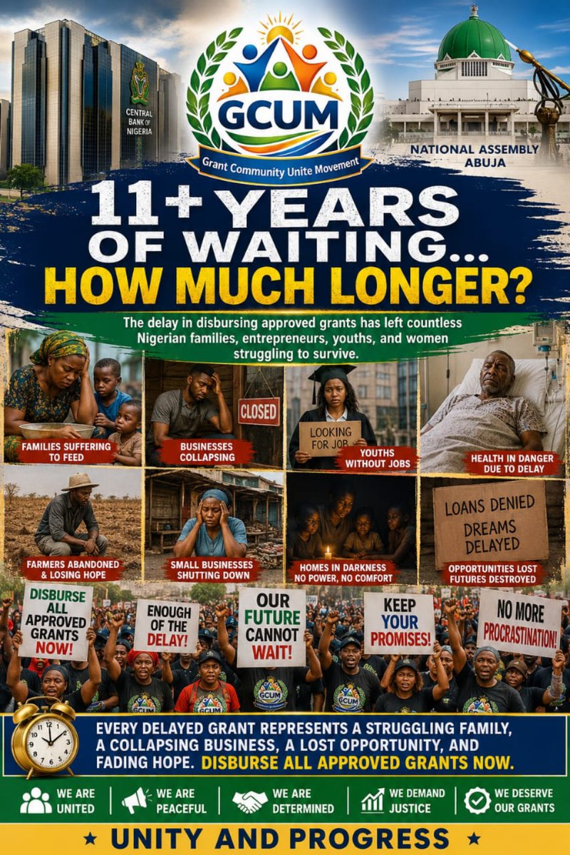 GrantCommuUnite's tweet photo. If your future was placed on "pending" for 11 years, what would you do? Thousands believe it's time for clear communication, transparency, and action regarding approved grants. The conversation cannot wait. #GCUM #11YearsWaiting #Nigeria #Accountability #Transparency https://t.co/ydrz5rluNm