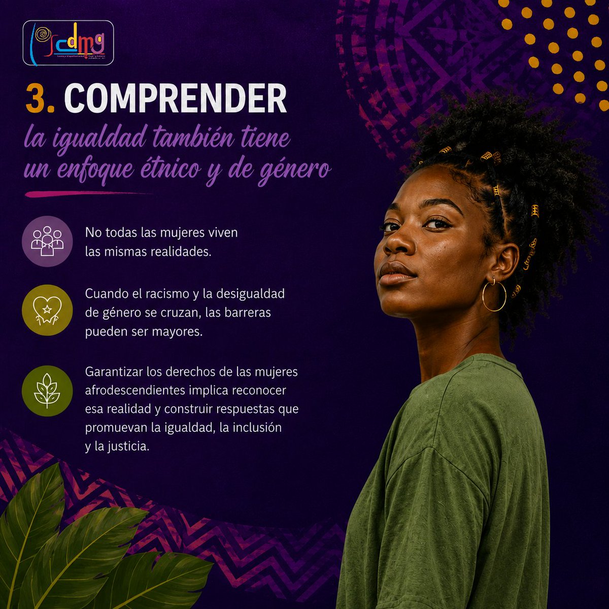 CDMGcundi's tweet photo. Conmemorar el Día Internacional de las Mujeres y las Niñas Afrodescendientes es reconocer su historia, sus aportes y su liderazgo. Reafirmamos nuestro compromiso con la igualdad de derechos, la participación y una sociedad que valore la diversidad como una fortaleza. 💜✊🏿 https://t.co/0usR4OX6MH