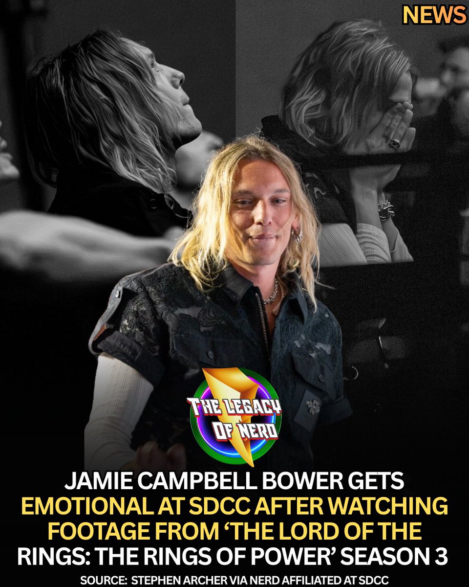 thelegacyofnerd's tweet photo. Jamie Campbell Bower became emotional after watching footage of himself on screen in Hall H at SDCC during ‘The Lord Of The Rings: The Rings Of Power’ Season 3 panel https://t.co/4fB2sO7ZKb