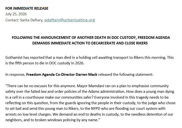 FreedomAgendaNY's tweet photo. Statement from Freedom Agenda Co-Director Darren Mack, after the announcement of another tragic death in DOC custody, the fifth person this year. #CloseRikers https://t.co/Hrybv7MdL2