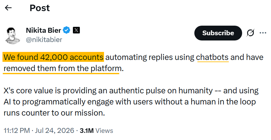 Abokr10's tweet photo. ❌ "رصدنا 42 ألف حساب استخدموا روبوتات الدردشة Chatbots لنشر ردود آلية، وقد أزلناها من المنصة ". https://t.co/fqUKdjp8fT