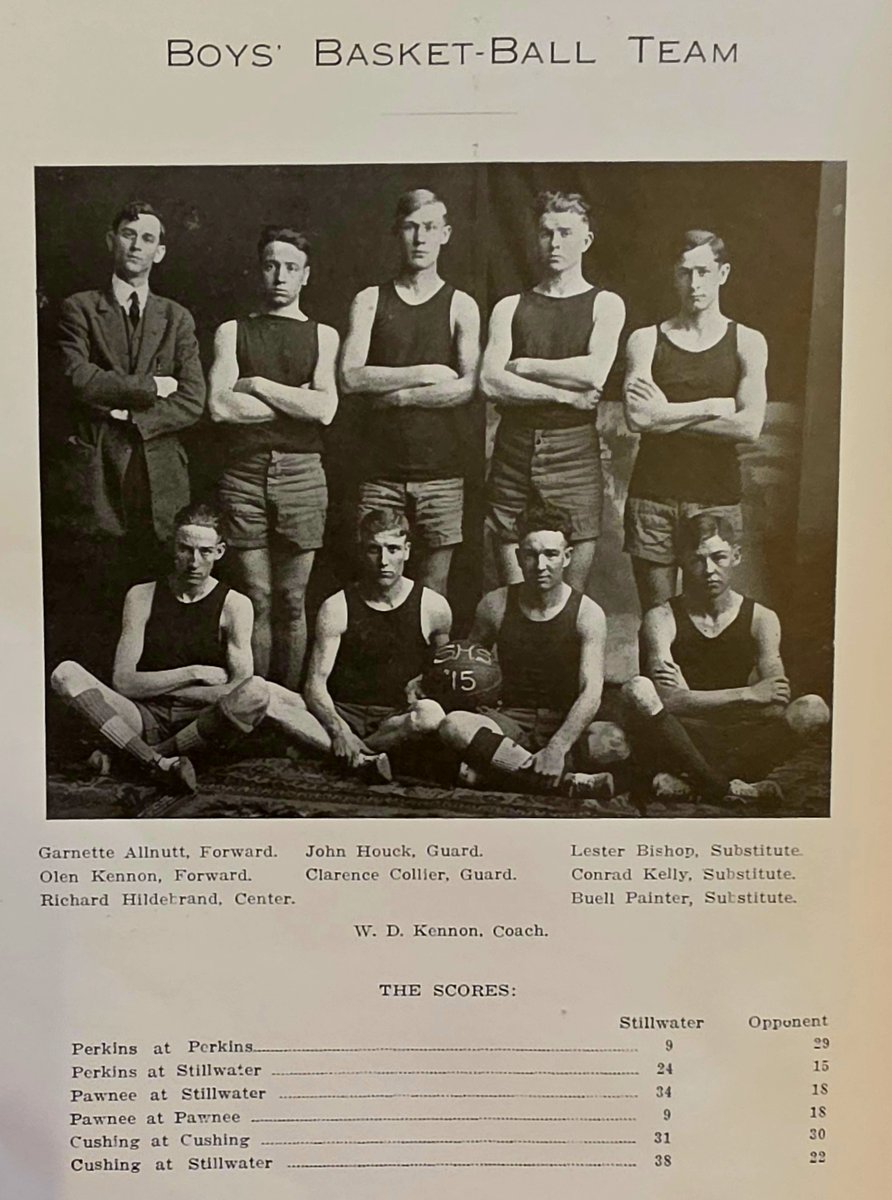 IWasAtTheGame's tweet photo. An #OKPrepsFlashback to 1915
From the Volume 1 of the Stillwater High School Bronze and Blue
The 1915 Stillwater #OKPreps Boys and Girls Basket-ball teams
According to the schedule the boys didn't travel too far to play, Perkins, Pawnee and Cushing.
Wonder how they got back and forth back in '15?
Research showed that from Stillwater to Pawnee and Cushing, they had the option to travel by steam locomotive on the railroad. Because of the Cushing-Drumright Oil Boom at the time, rail infrastructure in this part of Payne County was highly effective and expanding rapidly. To Cushing, you would take the Stillwater Train Station to Ripley and then transfer to the "Cushing District" line heading east directly to Cushing. To Pawnee, you travel north, through Esau and arrive at the Pawnee AT&SF Depot, 30 miles later.
To Perkins, they likely traveled 10 miles south by horse-drawn buggy or early automobile on dirt roads. There was no direct passenger rail line connecting the two towns. By horse-drawn buggy would have taken 2 to 3 hours depending on the pace of the horse. A Ford Model T could complete the drive in 30 to 45 minutes, but only if the weather was dry. The complete trip was completely unpaved and very dusty.
Recognize any of these players from WAY back?