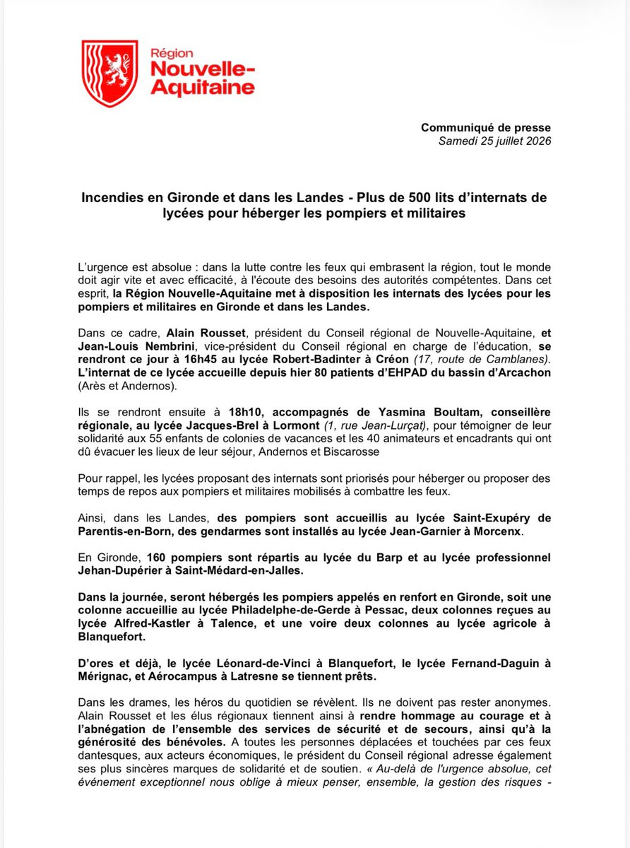 elus_PS_NA's tweet photo. 🙌 La @NvelleAquitaine amplifie la solidarité et les moyens mis en place pour accueillir les populations et touristes déplacés des zones évacuées.
🏫 Le Président @al_rousset s'est déplacé avec Jean-Louis Nembrini, Vice-Président en charge de l'Education et de @YBoultam, conseillère régionale déléguée à l'ambition éducative et territoriale dans les lycées de Créon et de Lormont.
