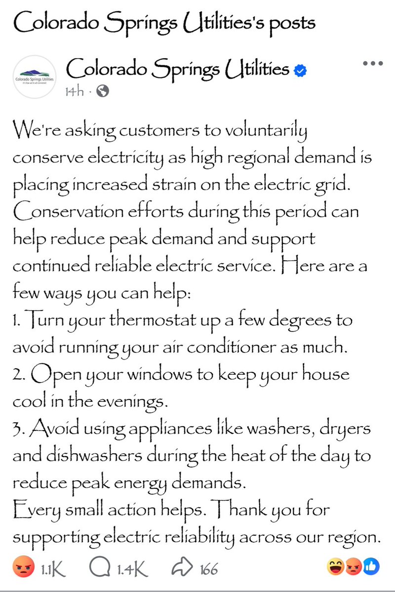 williamstacy85's tweet photo. The nation should be paying attention to what's happening with the #ColoradoSprings utility crisis. @CSUtilities is asking people to not run utilities and charging for peak usage, all while approving new data centers and giving their CEO #travasdeal a $150k raise. Corruption! https://t.co/rAuUcyOI7S